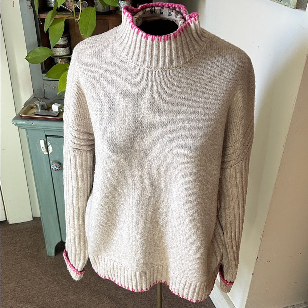 Joie Cream Turtleneck Sweater with Pink Trim